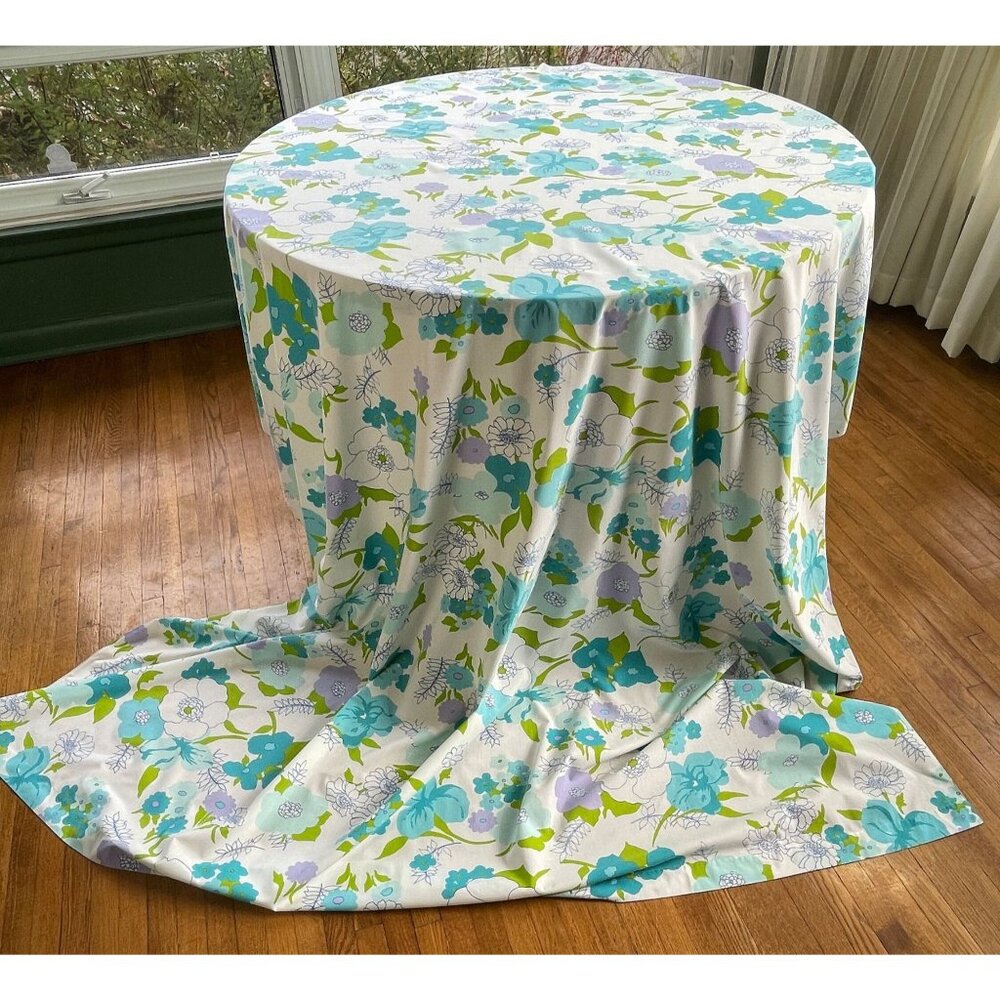 Vintage 1970s flat/top sheet, blue, purple green, floral, full/ double size bed